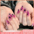 24pcs Purple Nails Long Coffin Sweet Cool Ins Style Nail Art Black Star Design Press On Nail Tips Full Cover Finished Nails.