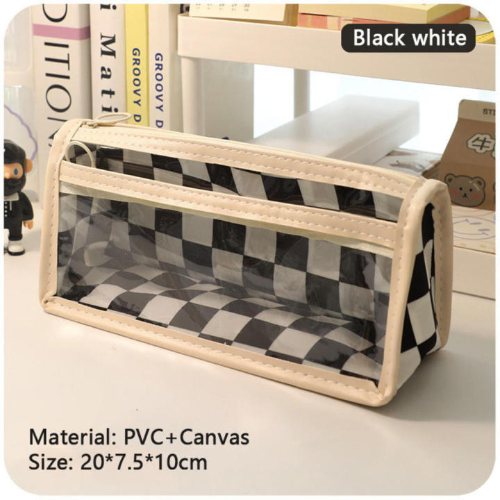 Clear Stationery Organizer Student Pencil Bag Pencil Bags For School Transparent Waterproof Storage Pouch Checkerboard Pattern Pencil Case