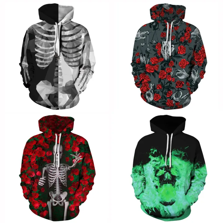 Green Flame Black White Skull Head Fire Red Rose Skeleton Punk Style Men 3D Hoodie Women Casual Hooded Sweatshirt Pullover