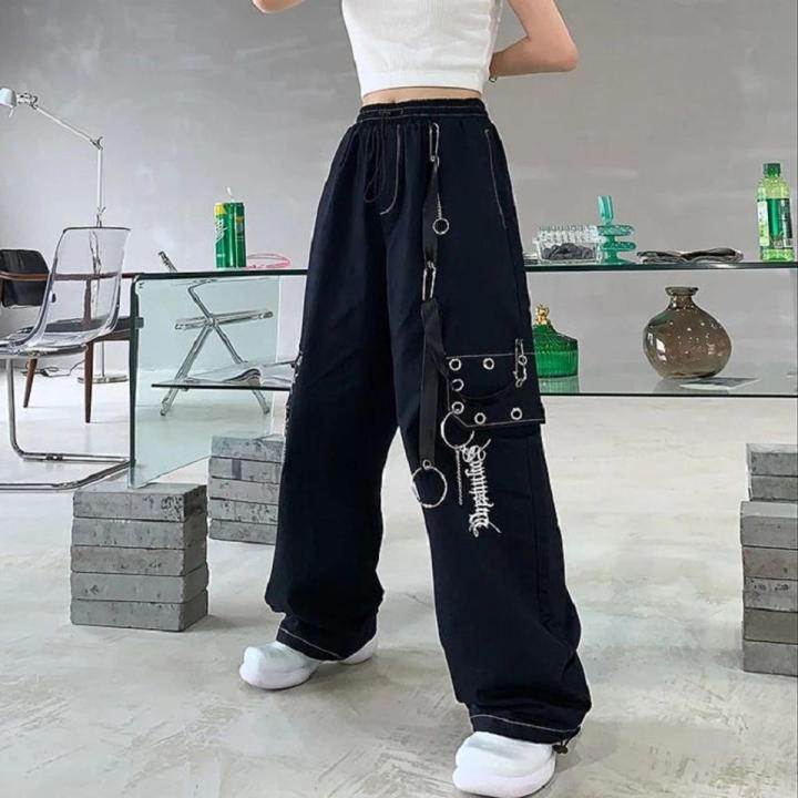 Gothic Harajuku Black Cargo Pants Women Chain Wide Leg Goth Hippie Streetwear White Trousers Loose Female Baggy Fashion Clothing