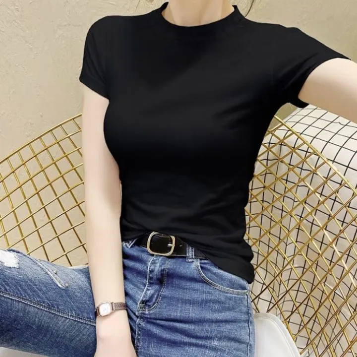 White%20Slim%20FitTT-shirt%20Women's%20Summer%20Pure%20Cotton2022New%20Pure%20Color%20Tight%20Top%20T-shirt%20Thin%20Bottoming%20Shirt%20-%20Image%202