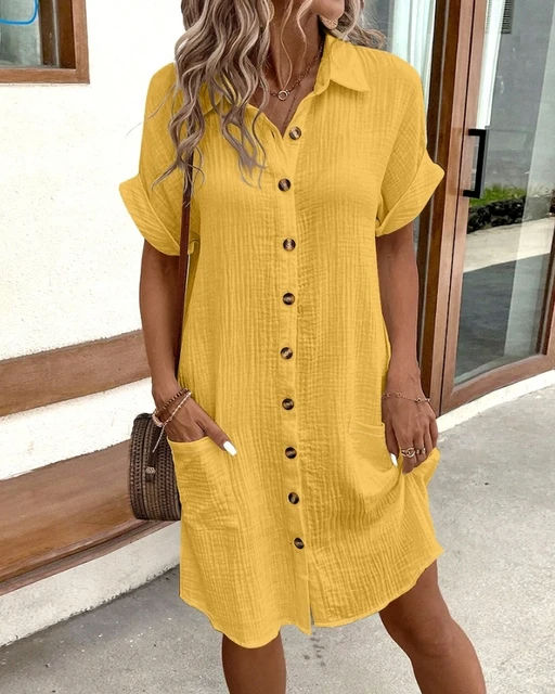 Ladies%20Fashionable%20Short%20Sleeve%20Shirts%20Dress%20Women%20Button%20Casual%20Summer%20Beach%20Sundress%20-%20Image%204