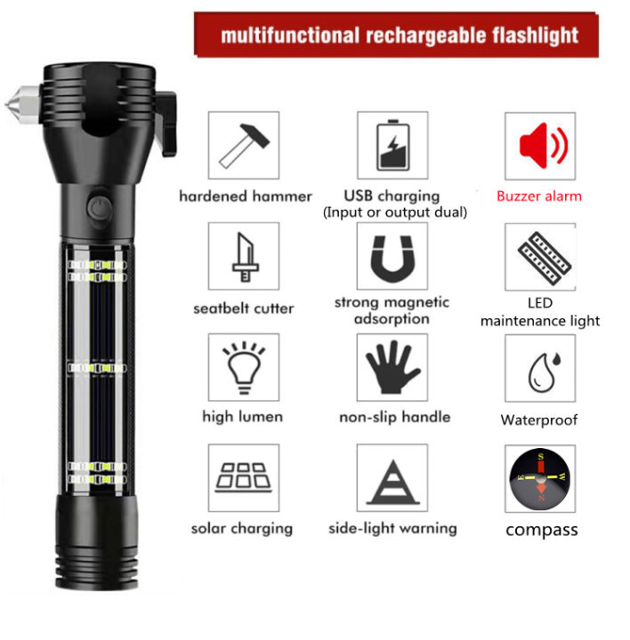 Car Safety Hammer Outdoor Survival Flashlights,Tactical Emergency Rescue Tool,Solar Charging For Travel,With Alarm Escape Kit,Window Glass Breaker