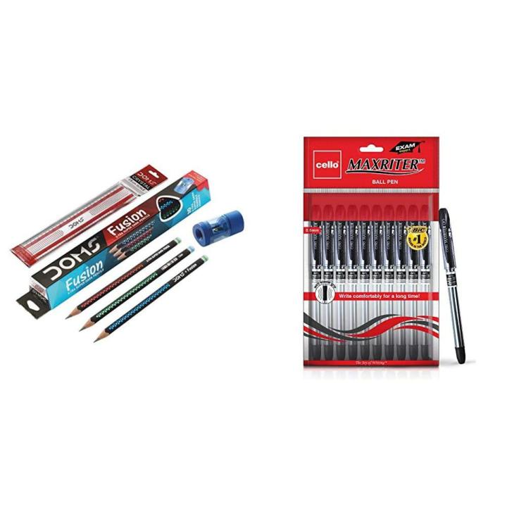 Doms Fusion Pencil 10 Pcs & Cello Maxriter Ball Pen Set (Pack Of 10 Pens - Black) Lightweight Ball Pens For Pressure Free & Fin