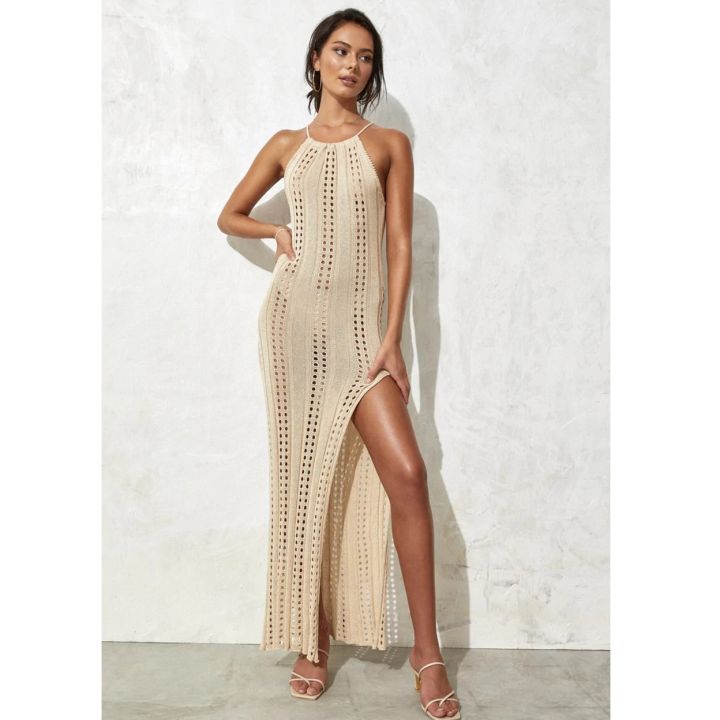 2023 Knitted Beach Cover Up Strap Halter Summer Beach Dress Crochet Tunic Women Beachwear Biinis Mesh Cover-ups