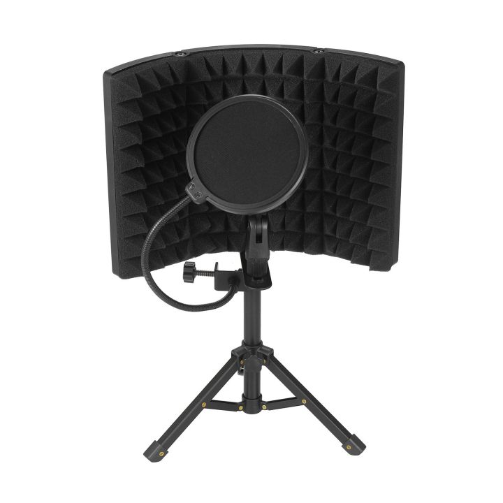 Microphone Isolation Shield with HighDensity SoundAbsorbing Sponge, 3Panel Foldable Windshield Mini Soundproof ?with Tripod Pop Filter and Microphone Sd for Studio Recording