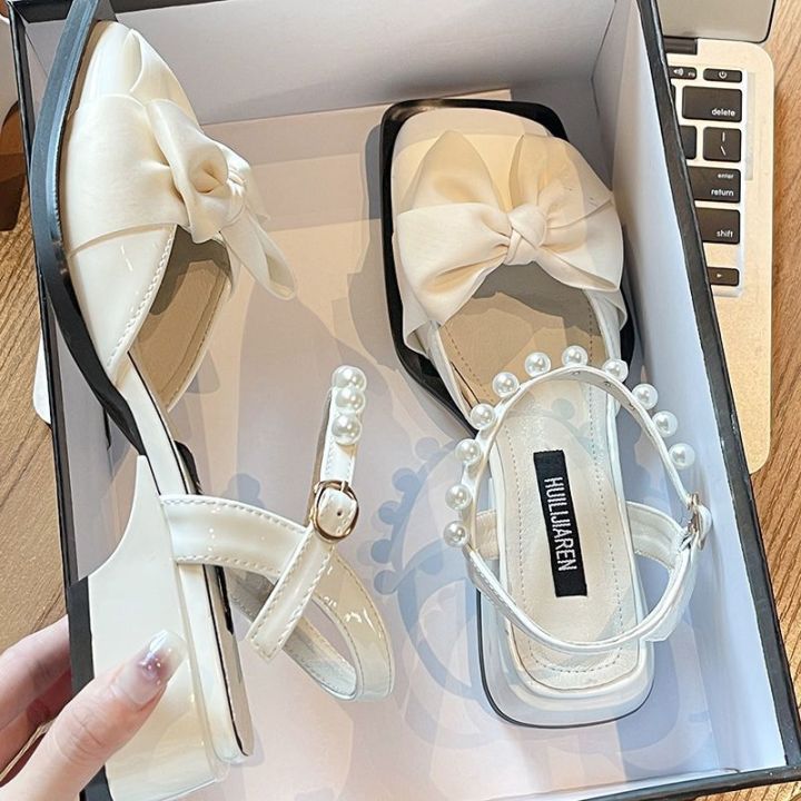 Baotou Sandals Women's 2024 New Summer Bow Pearl Low Heel Small Leather Shoes Wedge Heel Women's Singles Shoes Women's Shoes
