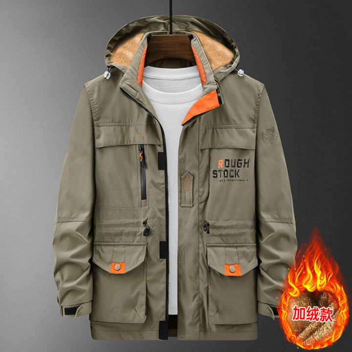 Autumn and Winter Cargo Pants Outdoor Leisure Jacket Men's Mid-Length Fleece-lined Multi-Pocket Hooded Jacket Men's Jacket