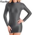Womens Glossy Long Sleeve Bodycon Dress Stretchy Solid Color Slim Fit Mini Dress Ladies Smooth Mock Neck Tight Dresses Clubwear. 