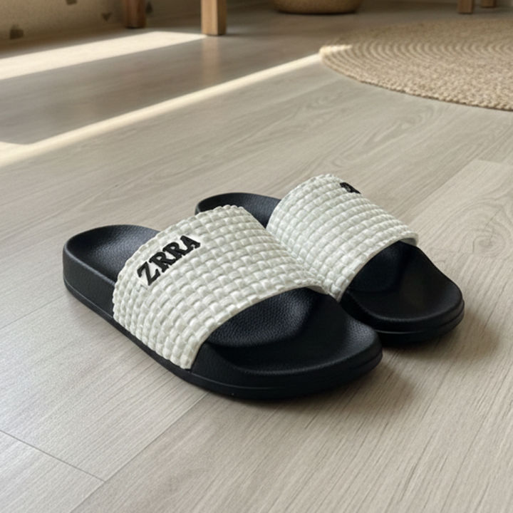 Monochrome pool slide sandals. Thick EVA sole and Liquid PVC upper
