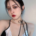 Elegant Black Ribbon Bow Choker Imitation Pearls Beads Charm Necklace Personality Gothic Wedding Jewelry Gifts. 