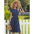 Women Polka Dot Print Vestido summer Elegant High Waist Short Sleeve Midi Dresses 2023 Beach Casual Floral Pleat A-line Sundress. 