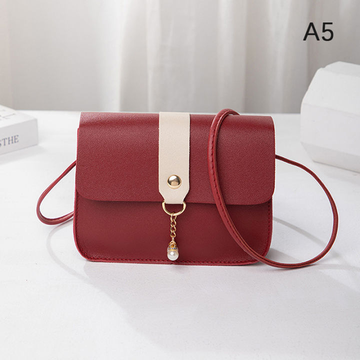 (New) women shoulder bag simple pearl pendant handbag messenger bag small square crossbody mobile purse