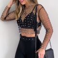 Womens Long Sleeve Sheer Mesh Tops Shiny Pearls Rhinestone O-Neck Pullover T-Shirts Blouse Slim Cover Up Party Clubwear. 