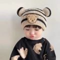 Baby fall and winter children's knitted cap baby boy baby girl baby striped bear head wool cap rolled warm hat baby accessories.