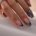 24Pcs Triangle Black French False Nails Mid-length Ballet Press on Nails with Leopard Design Wearable Coffin Nail Art Tips. 