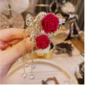 Hair Claw Exquisite Pearl Tassel Hair Accessories Red Velvet Flocked Rose Flower Retro Hairpin Women Popular Ponytail Holder. 