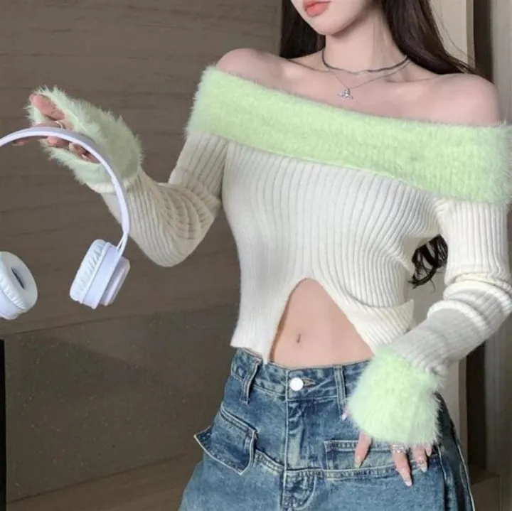 2023%20Autumn%20and%20Winter%20New%20Stitching%20off-Shoulder%20Long%20Sleeve%20Split%20Sweater%20Sweater%20Top%20Sweet%20Women's%20Clothing%20-%20Image%204