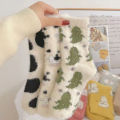 【New release】 Cow Print Mink Plush Socks For Women Girl Mid Tube Stockings Warm Coral Sleep Floor Sock Winter Thermal Slipper Funny Sox.
