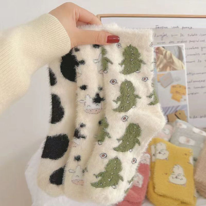 【New release】 Cow Print Mink Plush Socks For Women Girl Mid Tube Stockings Warm Coral Sleep Floor Sock Winter Thermal Slipper Funny Sox