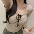6 Color Selection ~ Square Collar Skinny Slimming Short Short Sleeve T T-shirt Women's Top Show Waist Korean Style Pure Desire Style Slim Fit Slimming. 