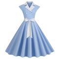 Women's Elegant Professional Dresses Retro Standing Neck Polka Dot Patchwork Double Breasted Large Swing Dress. 