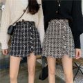 Vintage Plaid Tweed Skirts Thicken Women 2022 Winter Elegant Single-Breasted Short Mini Skirt High Waist Female A-line Skirt. 