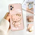 FELMYST Hello Kitty Holder Case For Realme C35 Fashion Cute kitten Mirror Brand Luxury Stand Mobile Phone Casing Square Girl Boy Men Gift Shockproof Back Soft Cover. 