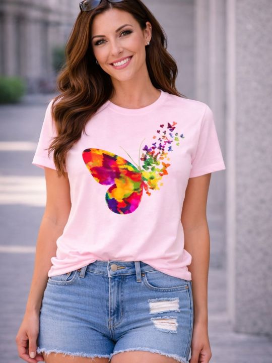 Pink%20&White%20Tops%20Ladies%20Short%20Sleeve%20Casual%20Girl's%20%20New%20T-Shirt%20-%20Image%203