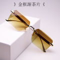 2023 New frameless cut edge sunglasses European and American fashion trends wood grain leg gradient sunglasses men's and women's universal square glasses.