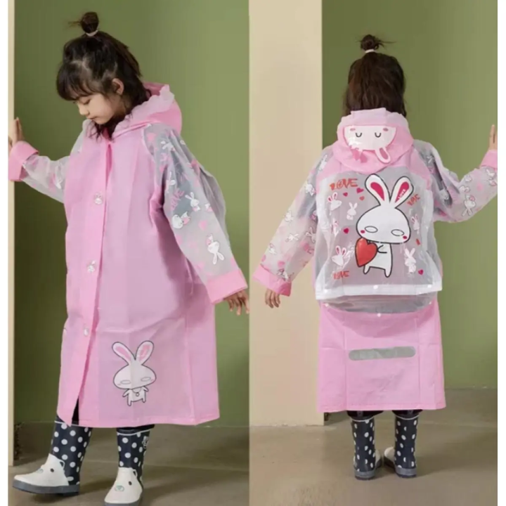 Students Raincoat With School Bag Pocket Children Raincoat Waterproof  Girls Cartoon Animal Style Kids Rain Coat (Random Design)- (5yers to 15 years)