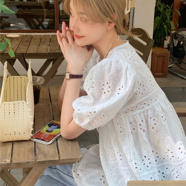 French Style White Design Sense Hollow-out Lace Tops Women's