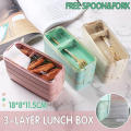 Triple Layered Bento Style Box Eco-Friendly Lunch Box With Cutlery Kids & Adults Wheat Straw Dinnerware Food Storage Container. 