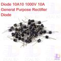 5Pcs- Diode 10A10 1000V 1KV 10A General Purpose Rectifier Diode 10A10 Silicon Junction Diode R-6 Package.