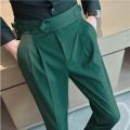 British Style Autumn New High Waist Trousers Men Belt Design Slim Fit Suit Pants Office Social Wedding Party Formal Pants Hommes.