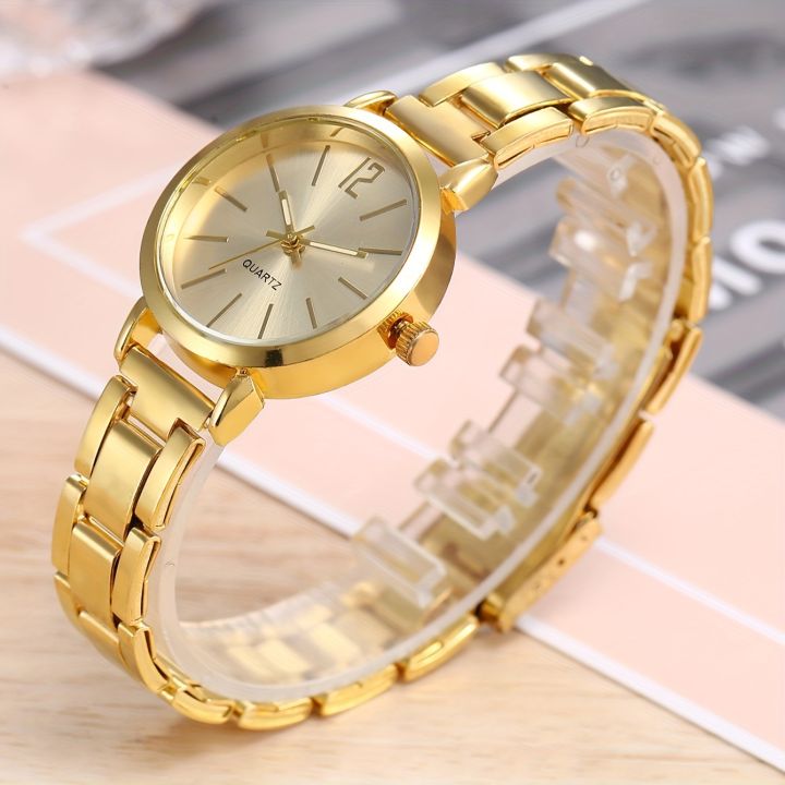 1/5pcs/set Golden Business Quartz Watch Minimalist Fashion Wrist Watch & Faux Pearl Jewelry Set, Gifts For Women Her