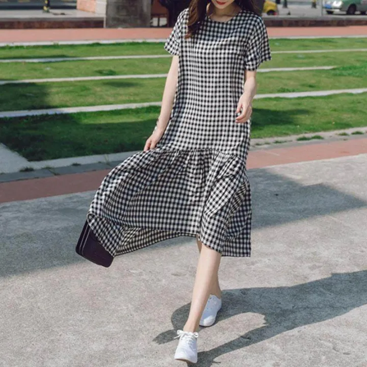 ZANZEA%20Korean%20Style%20Womens%20Summer%20Casual%20Loose%20Short%20Sleeve%20Patchwork%20Check%20Plaid%20Midi%20Dress%20-%20Image%203