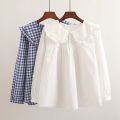Women Plaid Shirt Long Sleeve Spring Summer Tops Ladies Japanese Mori Girl Peter pan Collar Cute Baby doll Cotton White Blouses. 