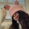 Cute Rabbit Ears Knitted Hats For Women Autumn Winter Warm Panama Soft Rabbit   Beanie Cap Girls Ski Hat. 