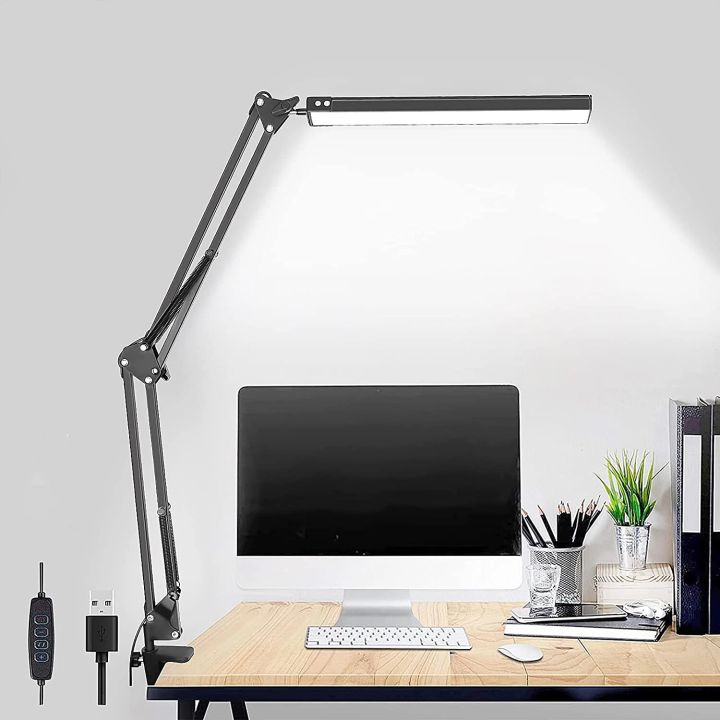 LED Table Lamp Metal Swing Arm Desk Lamp, Clamp Desk Lamp Dimmable With USB Charging Port,3 Color Modes Modern With 10 Brightnes