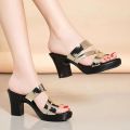 2022 Summer New High-heeled Waterproof Platform Women Sandals and Slippers Thick-heeled Bright Leather Solid Color Casual Shoes. 