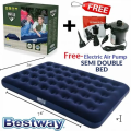 Bestway Single Air Bed / Semi Double Inflatable Mattress (39x74x8.5cm) Portable, Durable Flocked Comfort Bed | Best for Home, Camping, Outdoor Travel | High Load Capacity 330 LBS + Free Electric Pump. Blue Comfortable Sleeping Solution Outdoor Adventures. 
