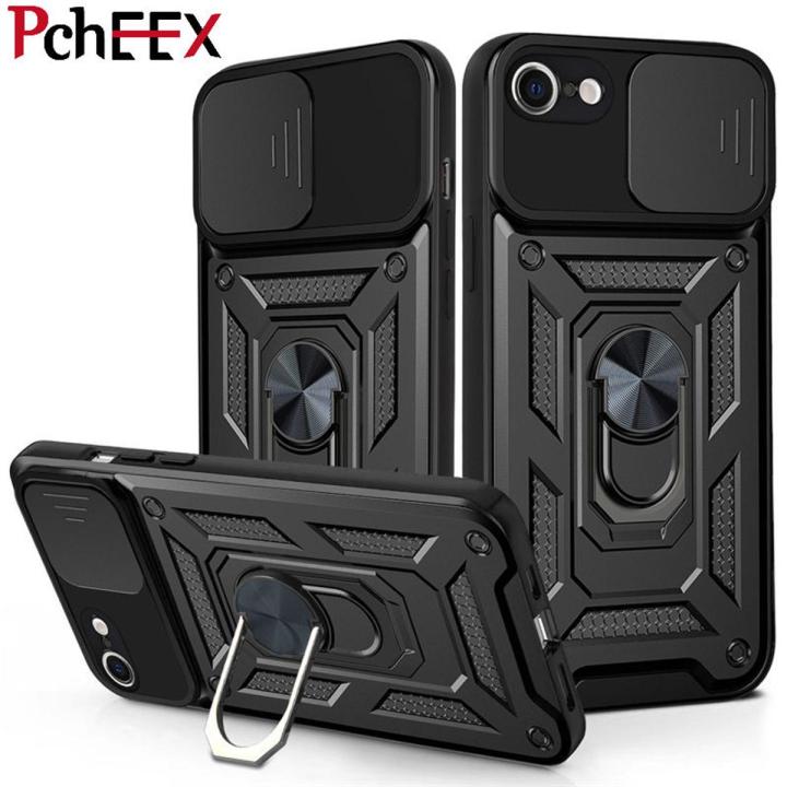 For iPhone 7 Phone Case, iPhone 8 Phone Case, iPhone SE 2020 Phone Case, Military-Grade Push Window Cover Ring Stand Hard Anti-Fall Casing
