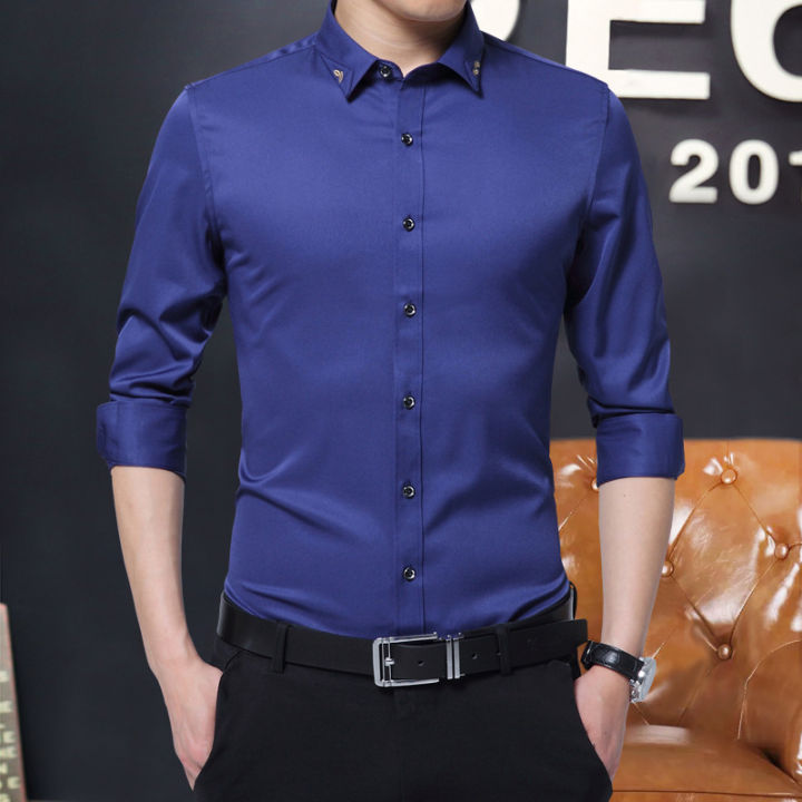 Spring and Autumn Long sleeved Silky White Shirt New Slim Fit Business Casual No iron Professional Men's Inch Clothes Fashion Best Man Group Clothing