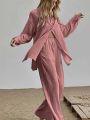Ladies qualityful Cotton Maxi Shirt Fall Wide Leg Pants Set Two Piece Set Vintage Loose Streetwear Outfits. 