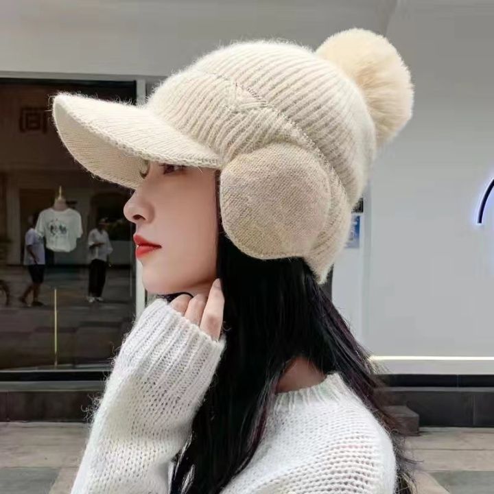 Women Winter Earflaps Wool Knit Hat Solid Color Big Pompom Plush