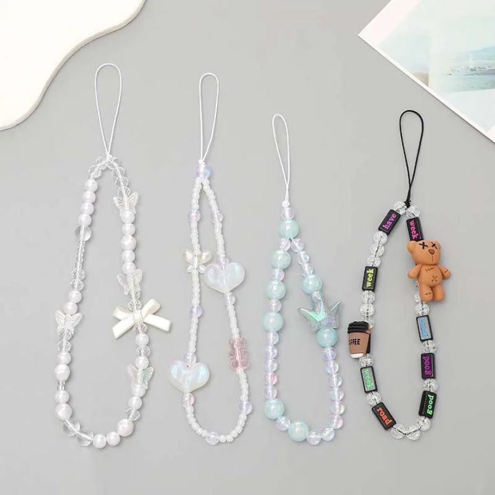 Bow Crystal Beaded Mobile Phone Chain Lanyard Jewelry Accessories Simple Non-slip Wristband Cellphone Case Rope for Women Gifts