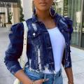 Autumn Women Coat Jackets Long Sleeve Pocket Ripped Denim Jacket Streetwear Short Coat Blue Black Jean Jacket.
