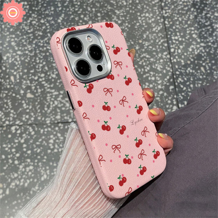 Cute Red Cherry Case For Realme C15 C67 C20 C53 Note 60 50 C63 C51 C11 C35 C55 C25 C31 C17 C65 C30 C21Y C25Y 5s 5 6i 7i 11 5i 12 C61 C3 C21 Narzo 20 Cartoon Bow Knot Leather Case