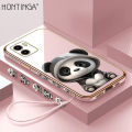 Hontinga for Vivo Y15S Y15A Y01A Y01 Back Cover With Free Strap Luxury 6D Plating Cute Panda Side Pattern Case Soft Silicone Square Mobile Cover.
